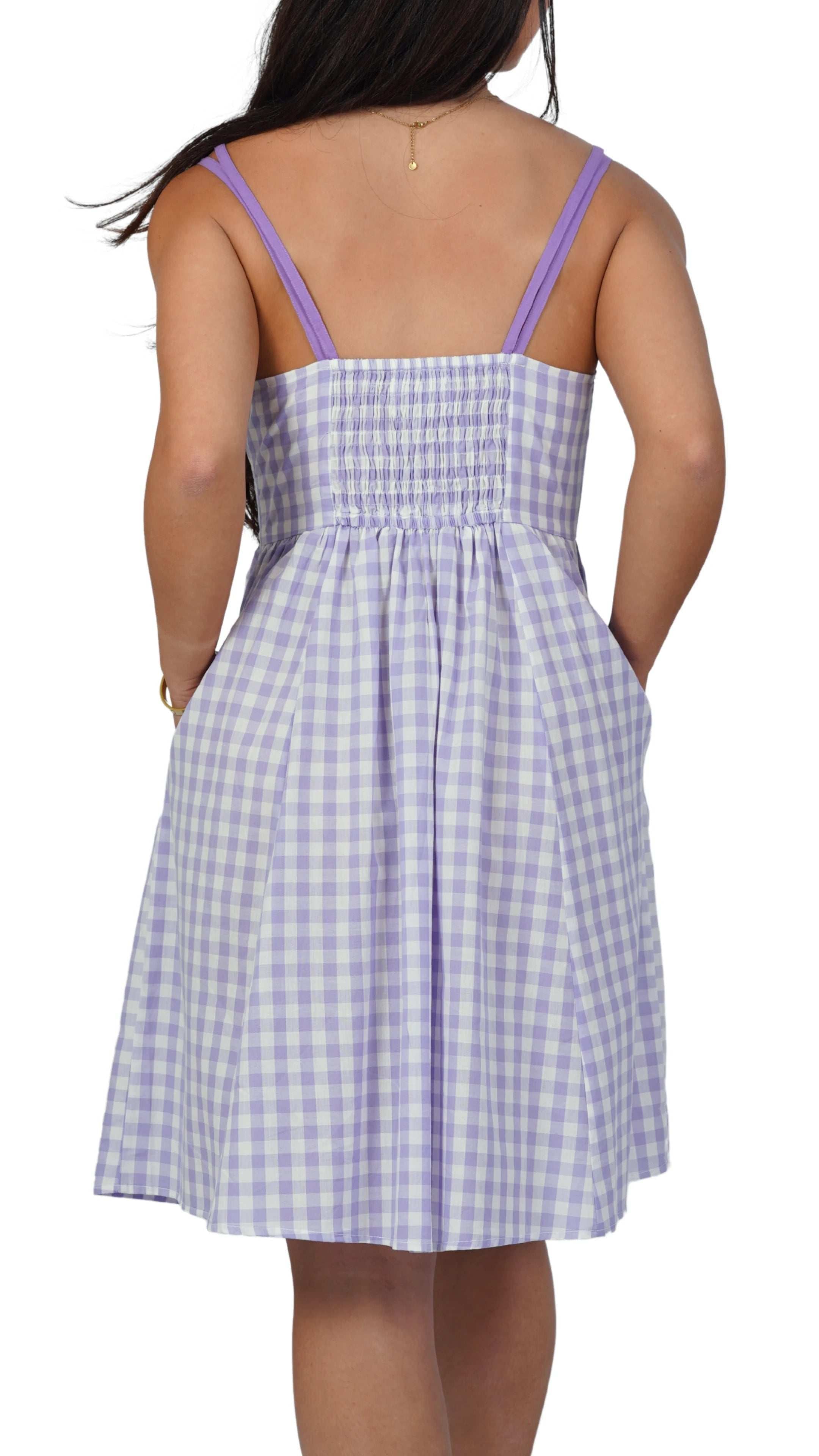 Effortless Summer Style: Sustainable Lavender Gingham Mini Dress - DressKaree