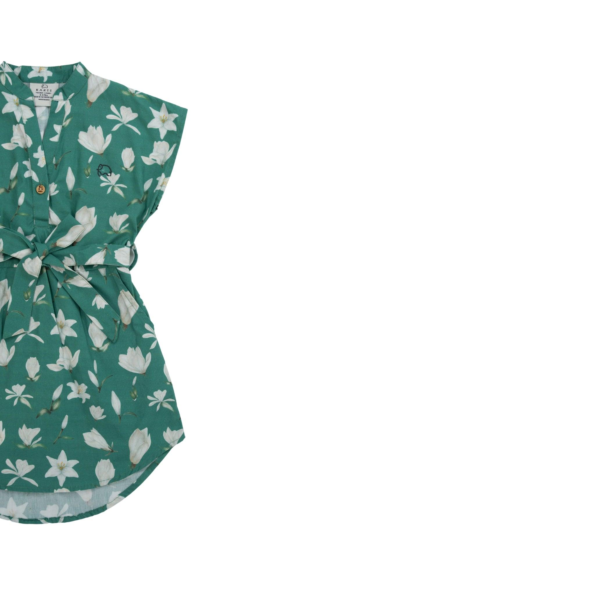 Ethically Made Charm: Bottle Green Lilly Blossom Cotton Shirt Dress - DressKaree
