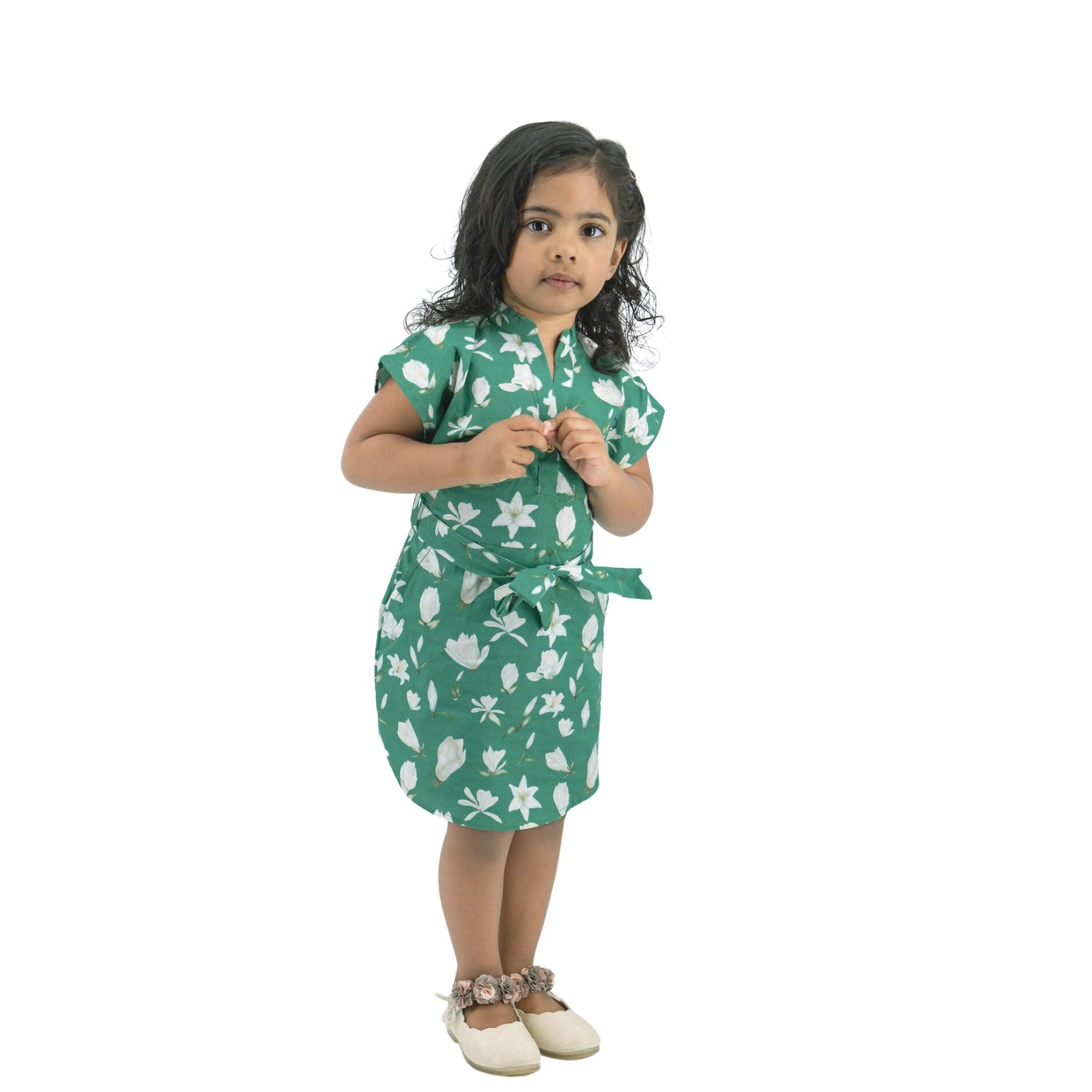 Ethically Made Charm: Bottle Green Lilly Blossom Cotton Shirt Dress - DressKaree