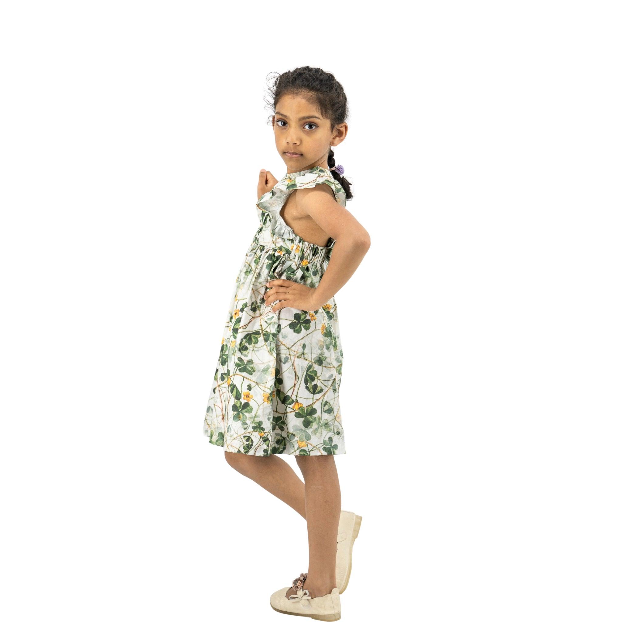 Green Floral Cotton Dress for Girls - DressKaree