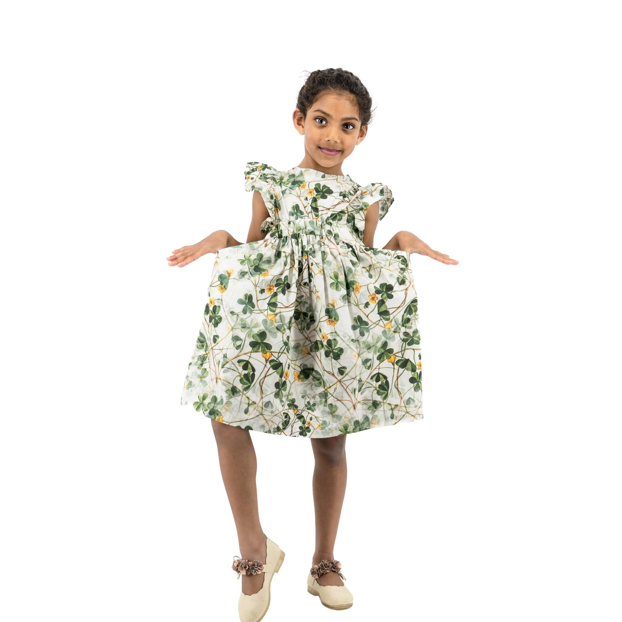 Green Floral Cotton Dress for Girls - DressKaree