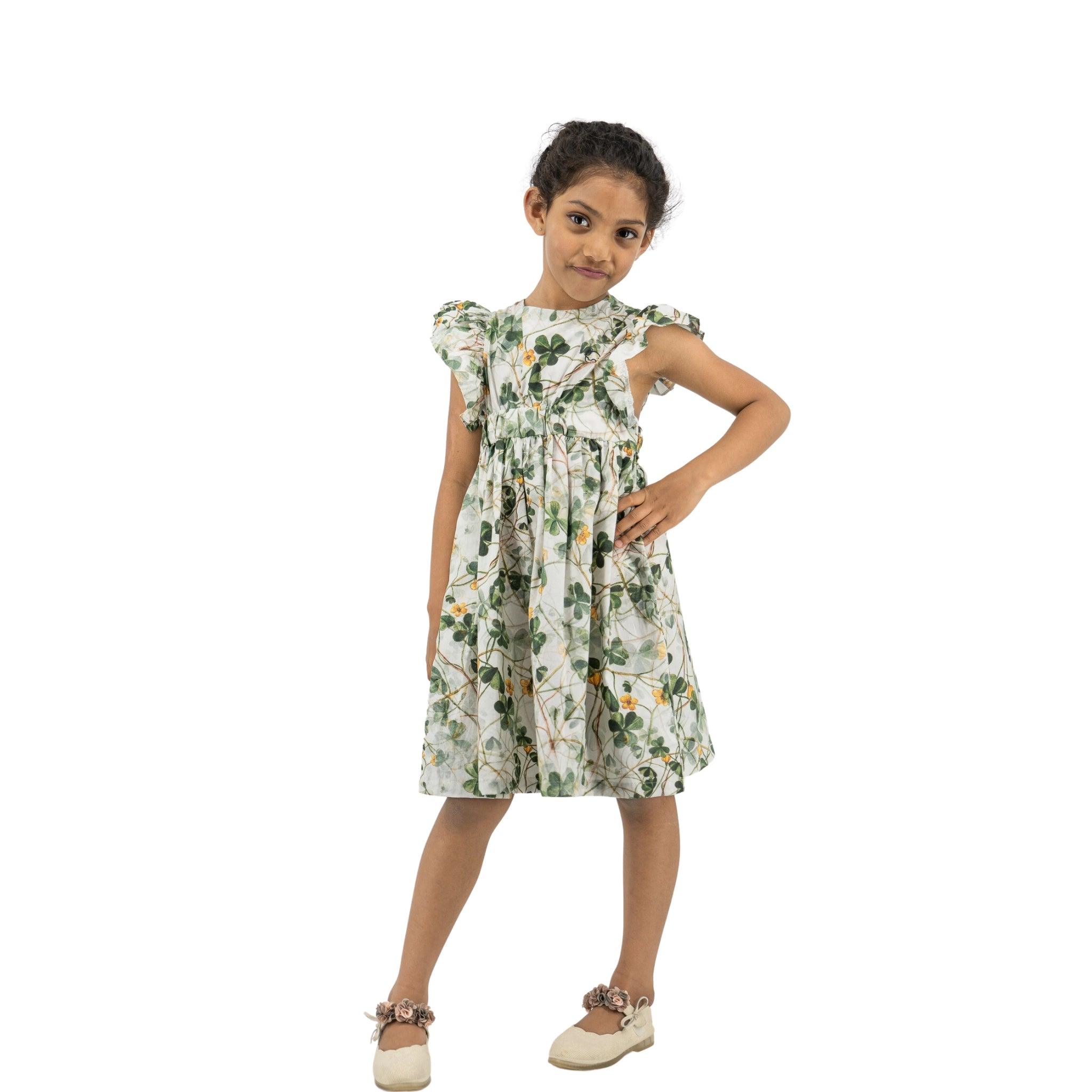 Green Floral Cotton Dress for Girls - DressKaree