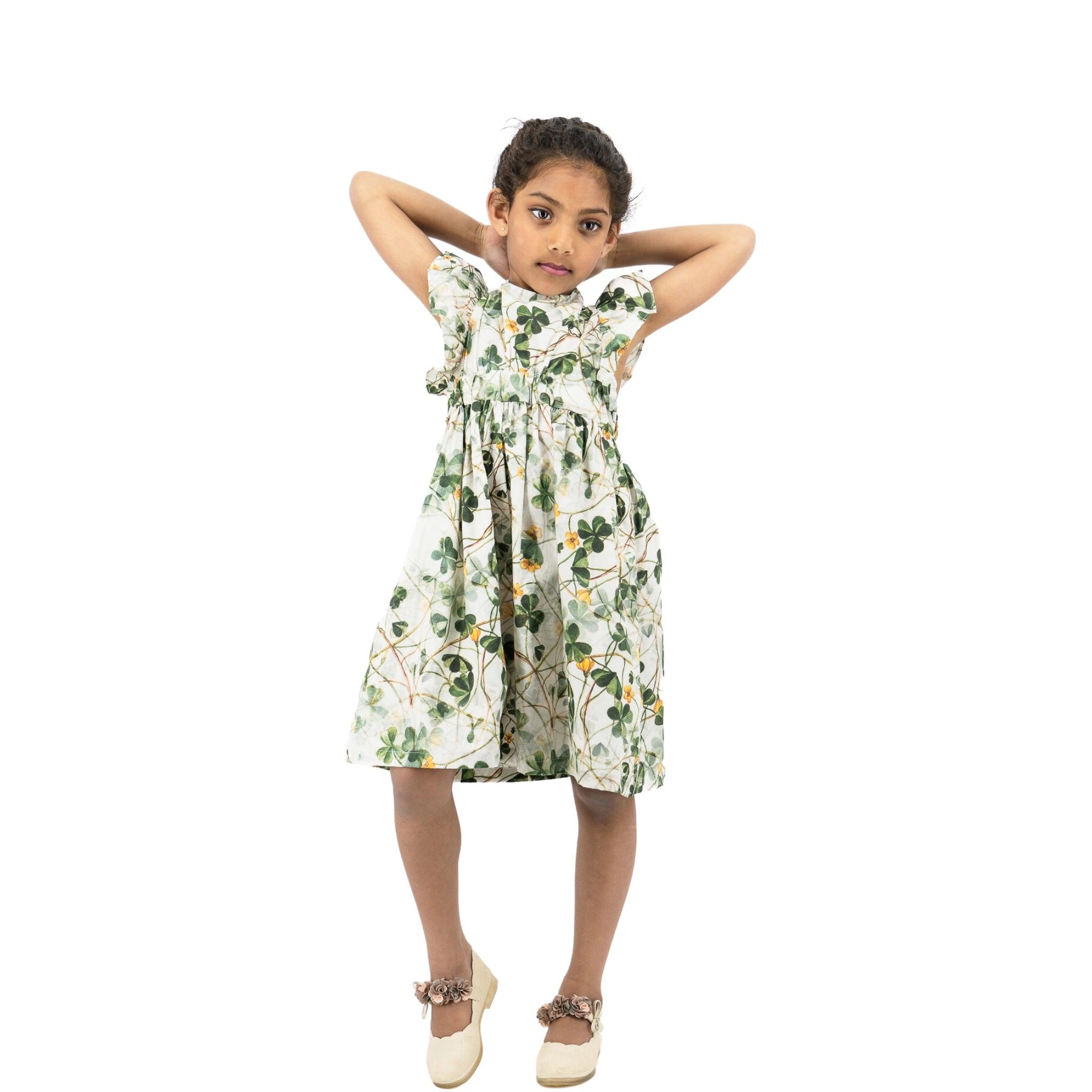 Green Floral Cotton Dress for Girls - DressKaree