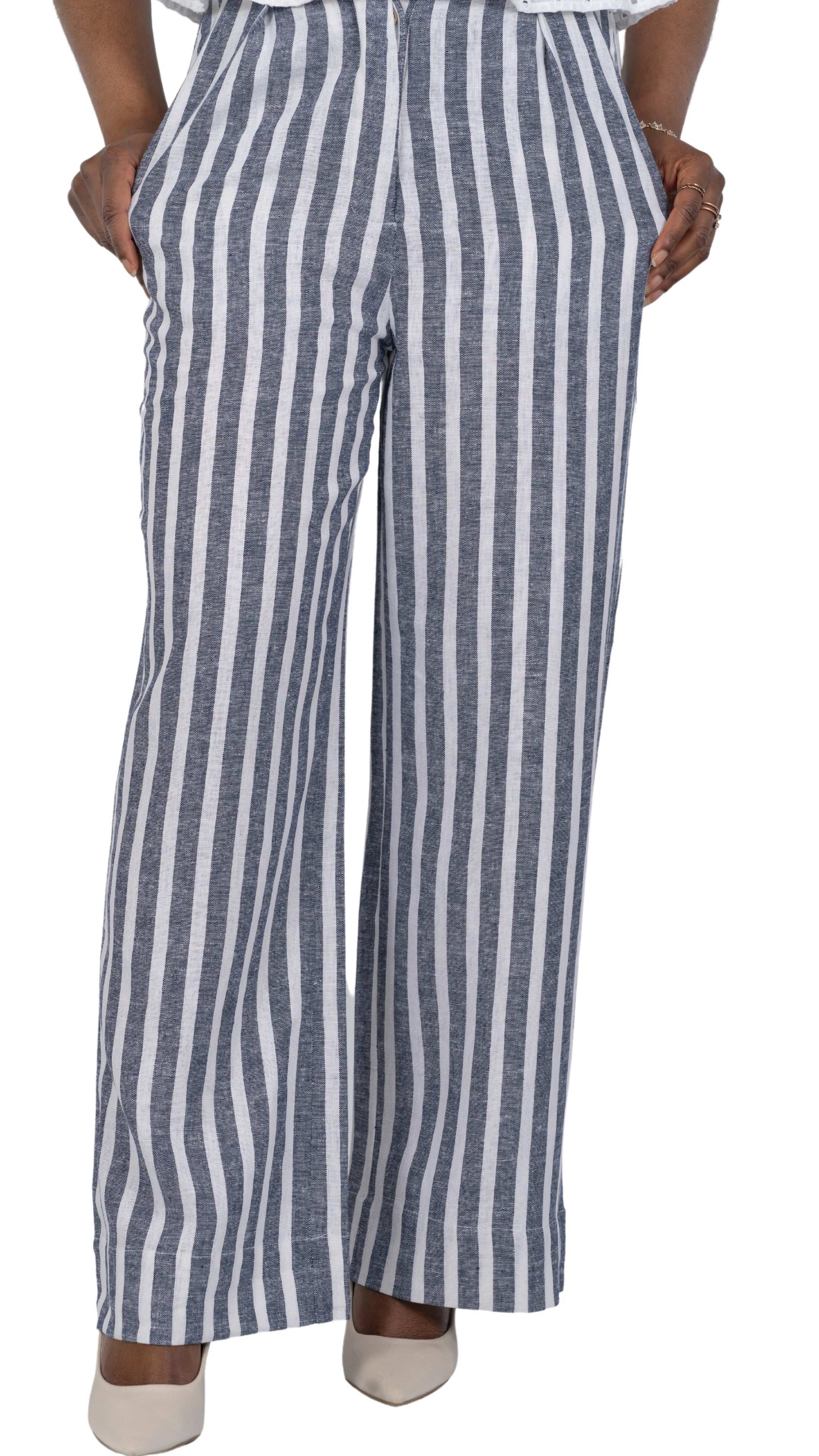 Monochrome Striped Linen Trousers - Sustainable UK - TrousersKaree