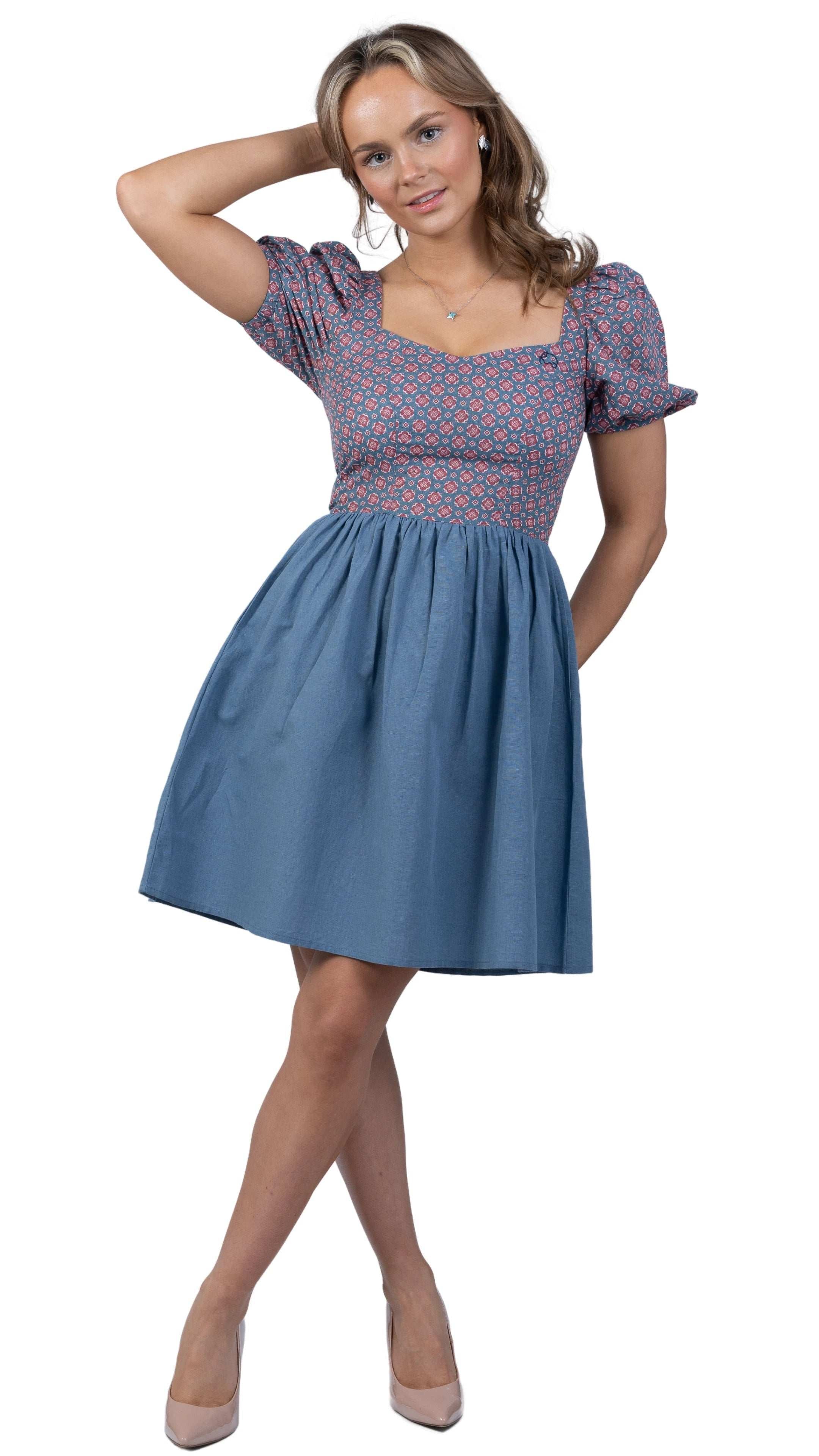 Roman Elegance Blue Floral Frock Dress - DressKaree