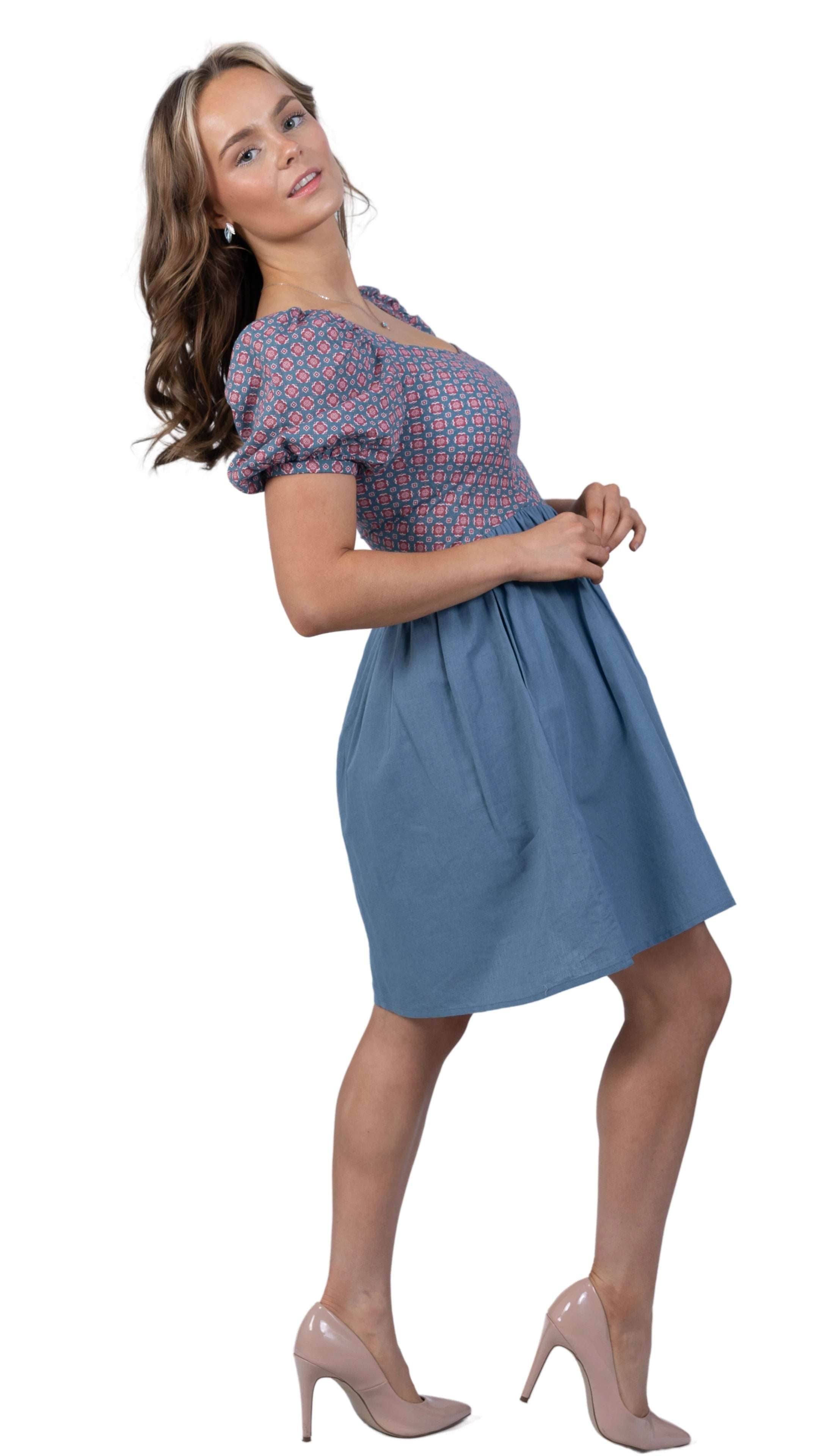 Roman Elegance Blue Floral Frock Dress - DressKaree