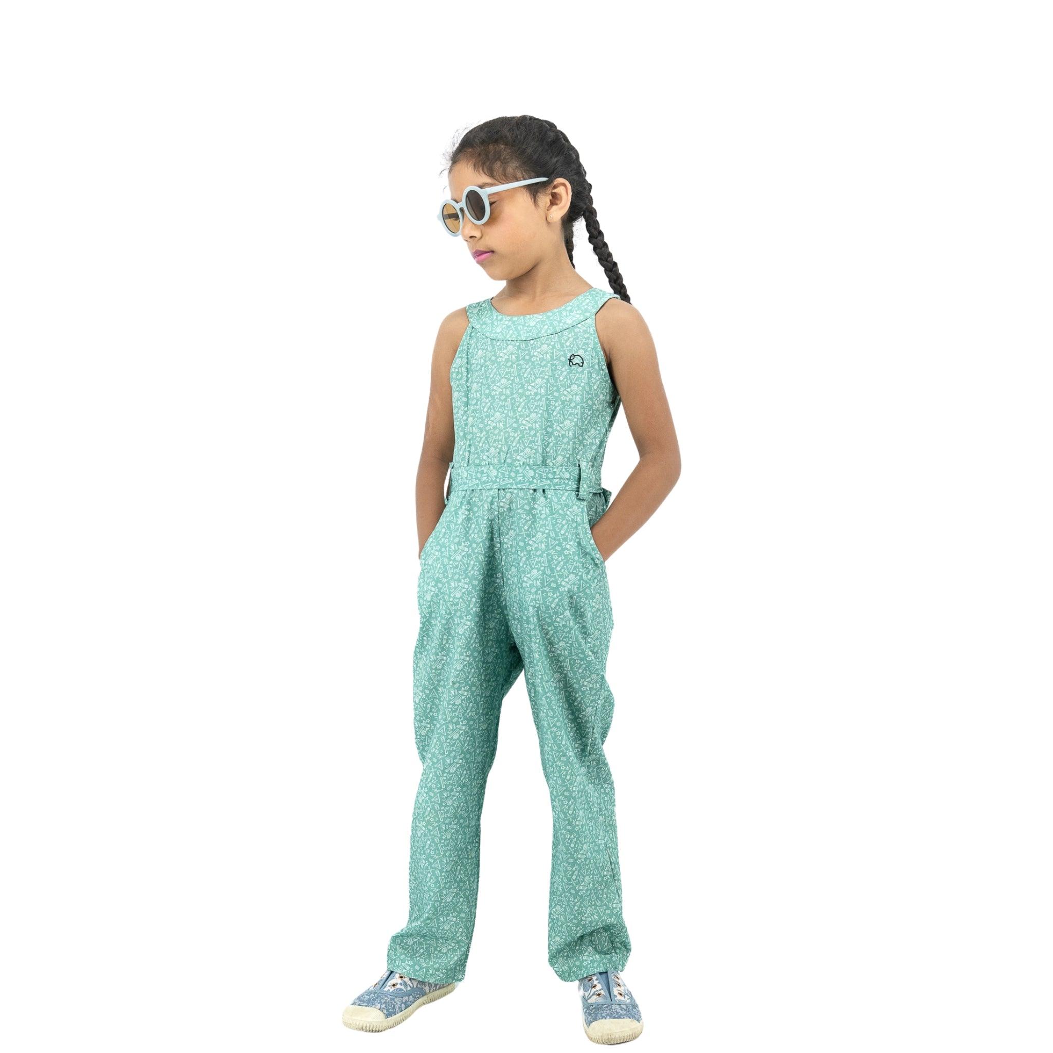 Smoke Green Cotton Jumpsuit For Girls - JumpsuitsKaree