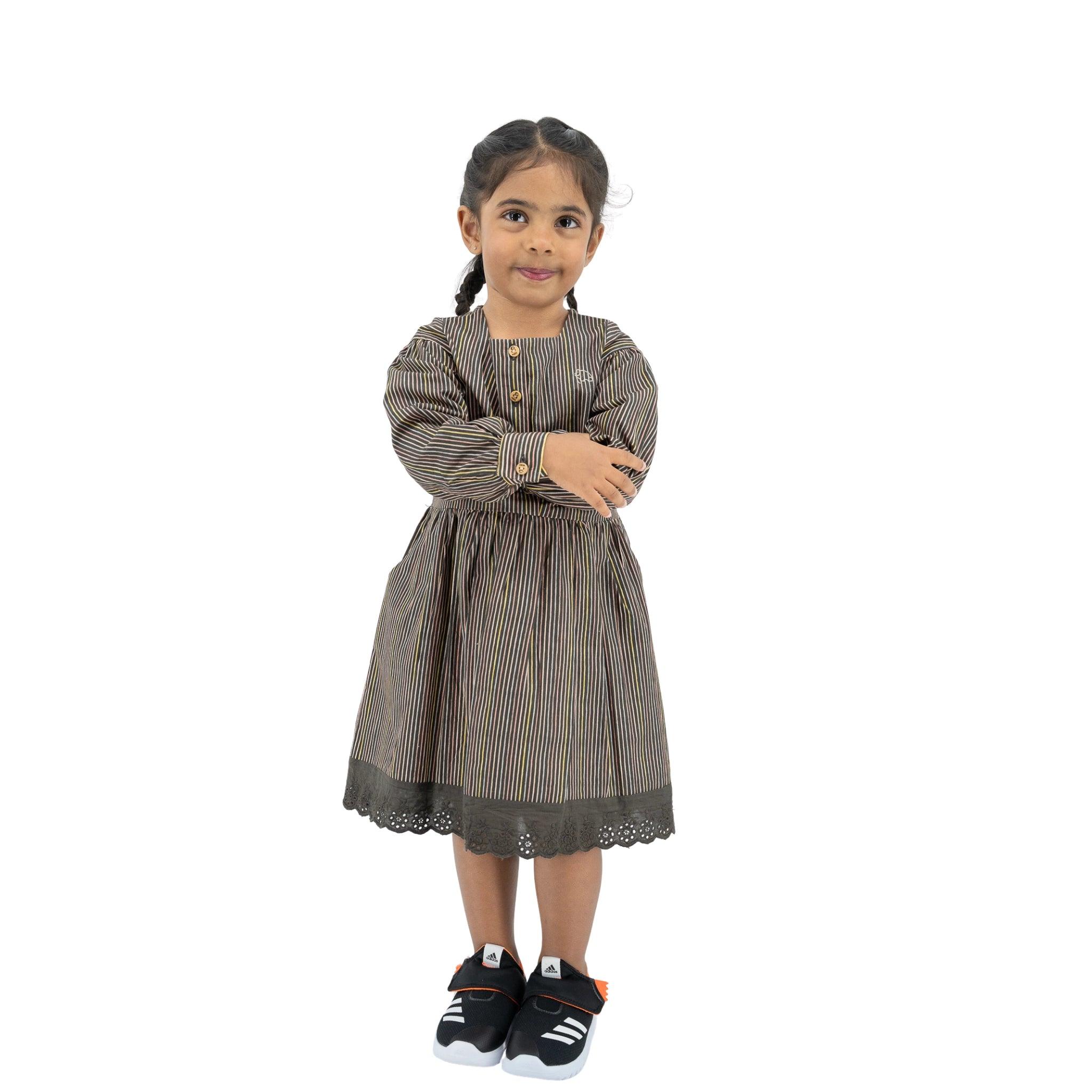 Sustainable Stripes: Eco - Friendly Black Striped Cotton Dress for Girls - DressKaree
