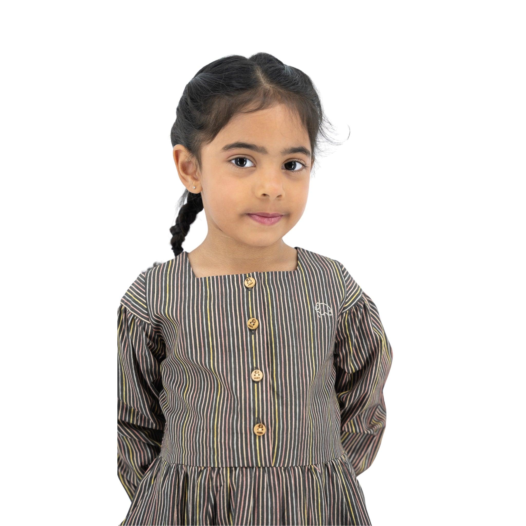 Sustainable Stripes: Eco - Friendly Black Striped Cotton Dress for Girls - DressKaree