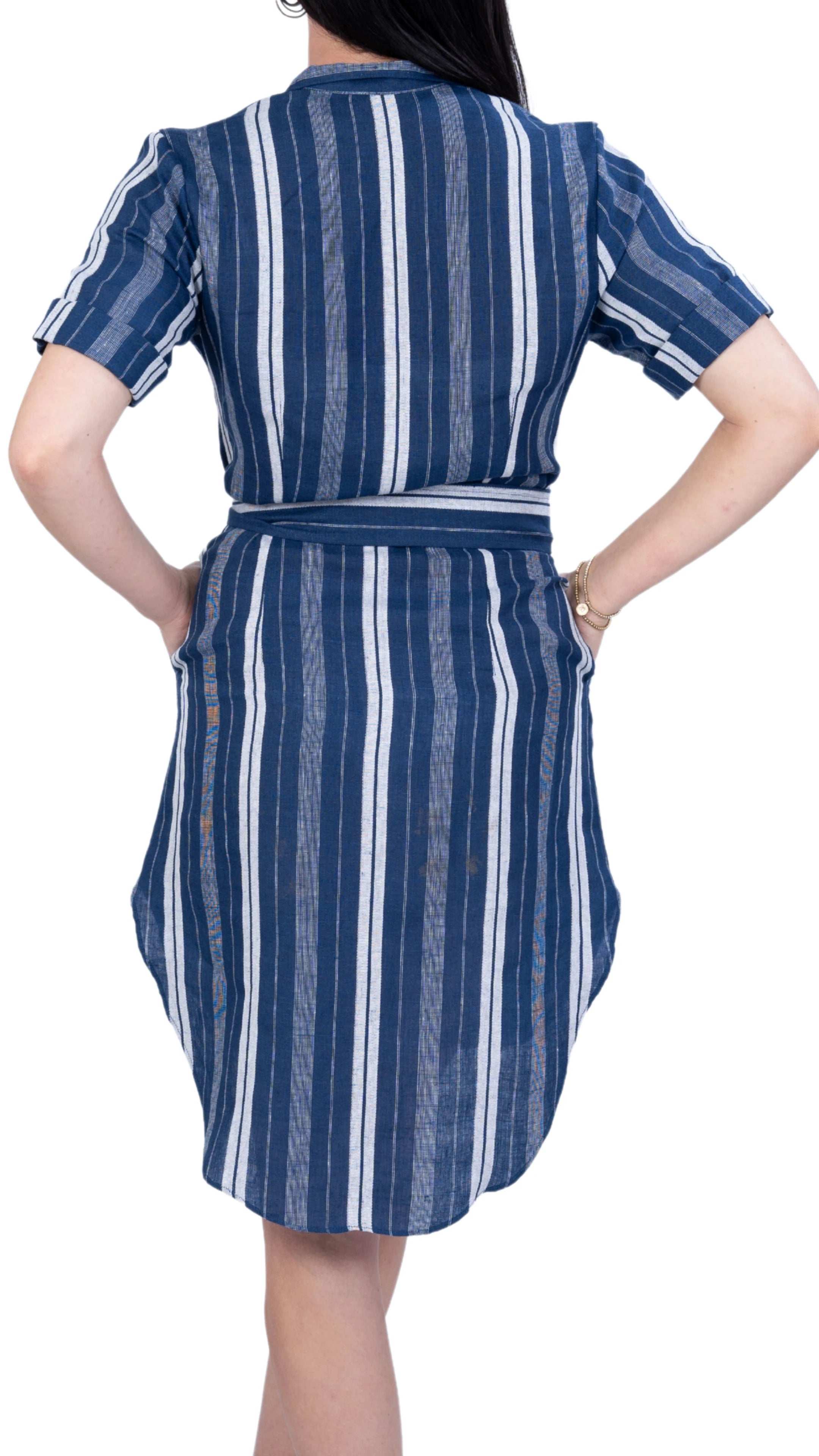 V - Neck Linen Dress with Mandarin Collar for women - DressKaree