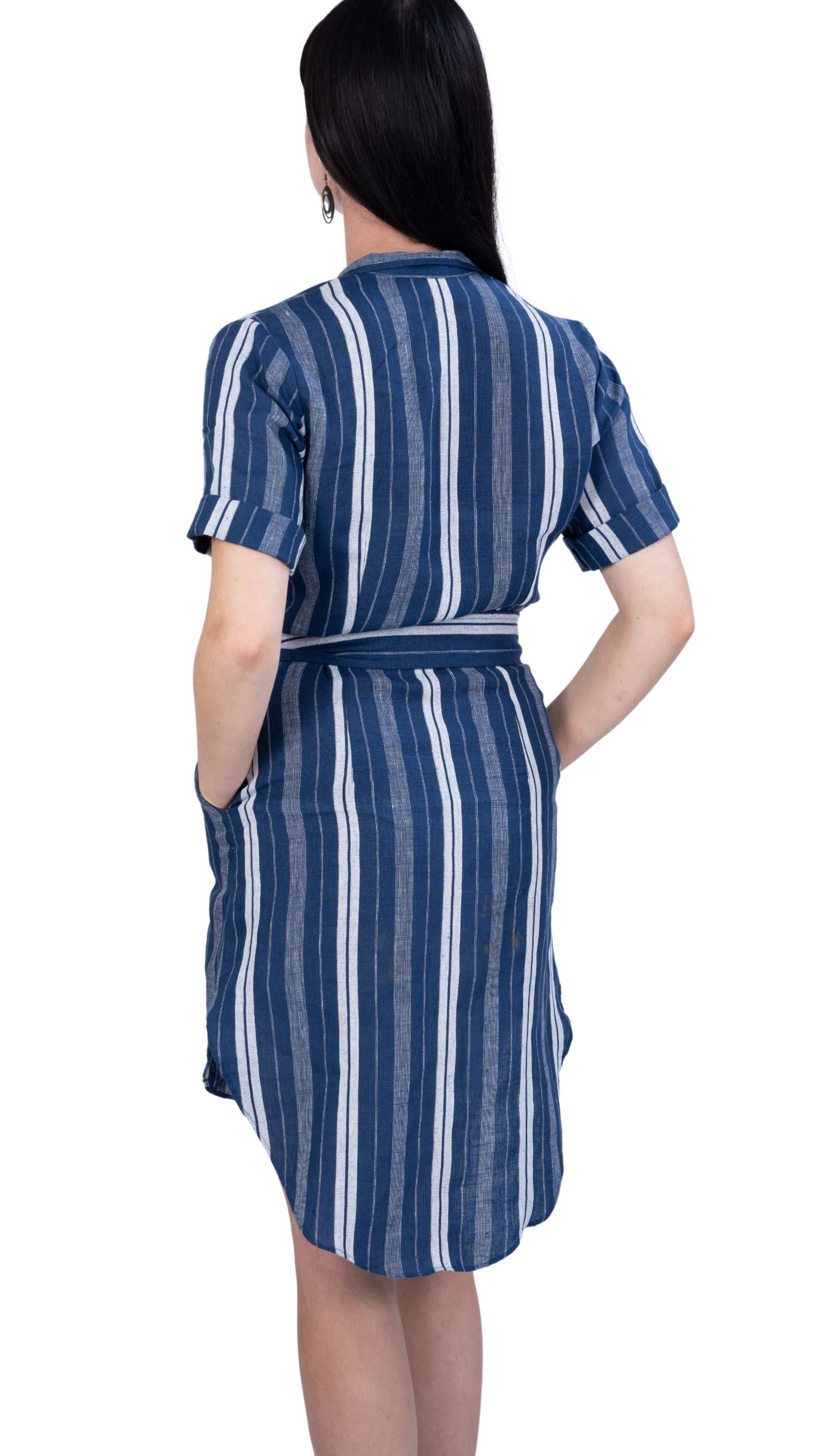 V - Neck Linen Dress with Mandarin Collar for women - DressKaree