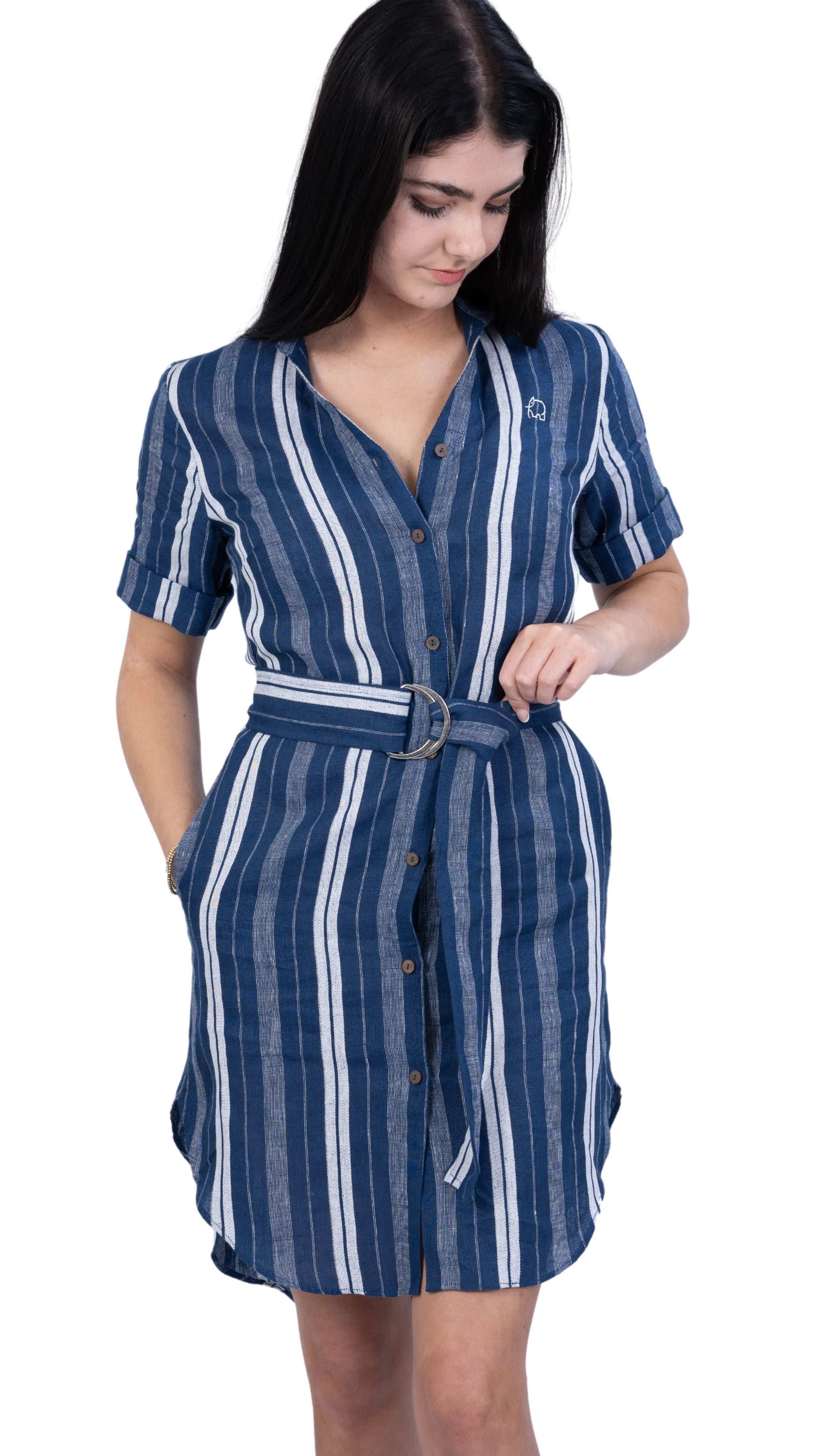 V - Neck Linen Dress with Mandarin Collar for women - DressKaree