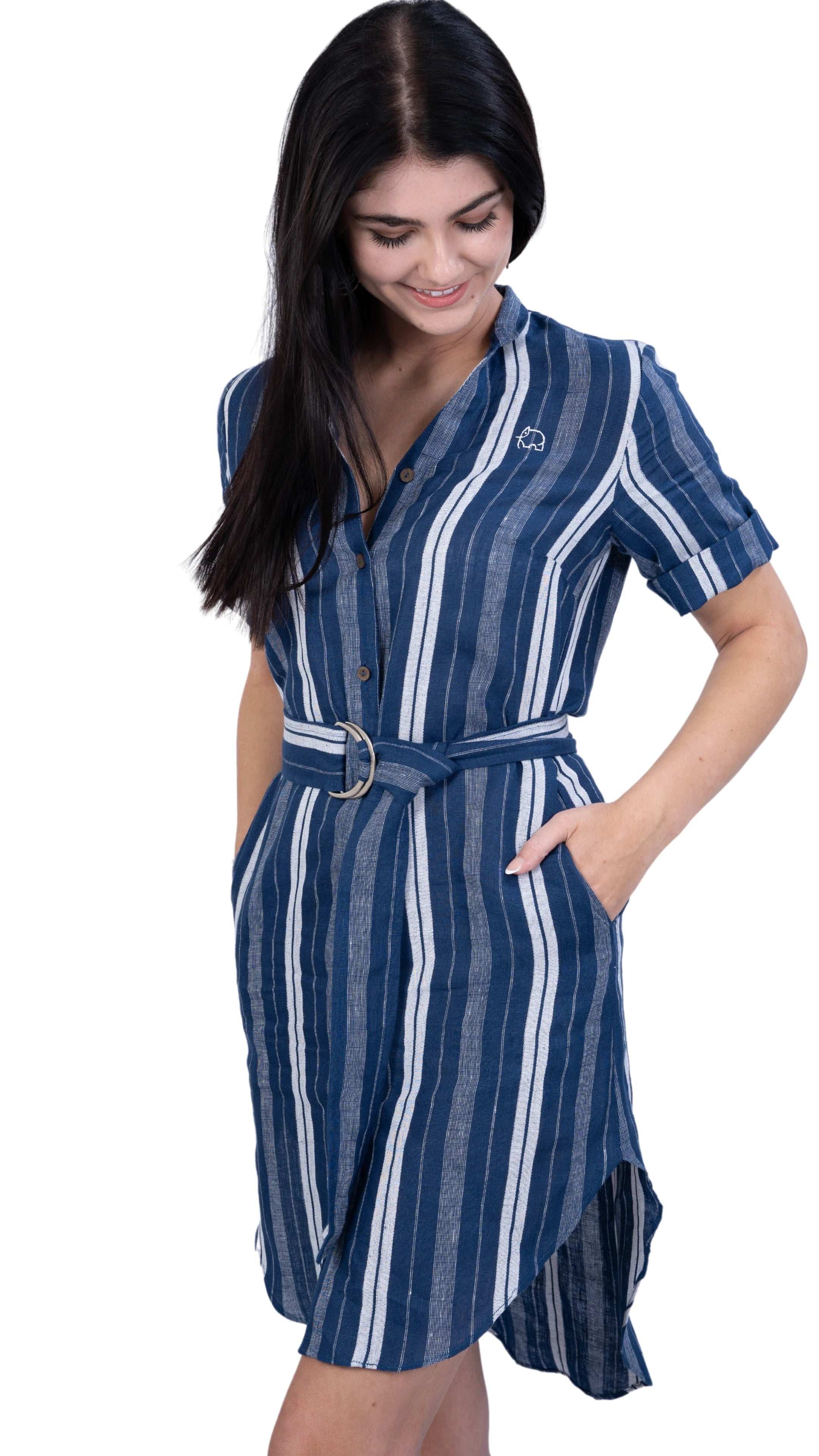 V - Neck Linen Dress with Mandarin Collar for women - DressKaree