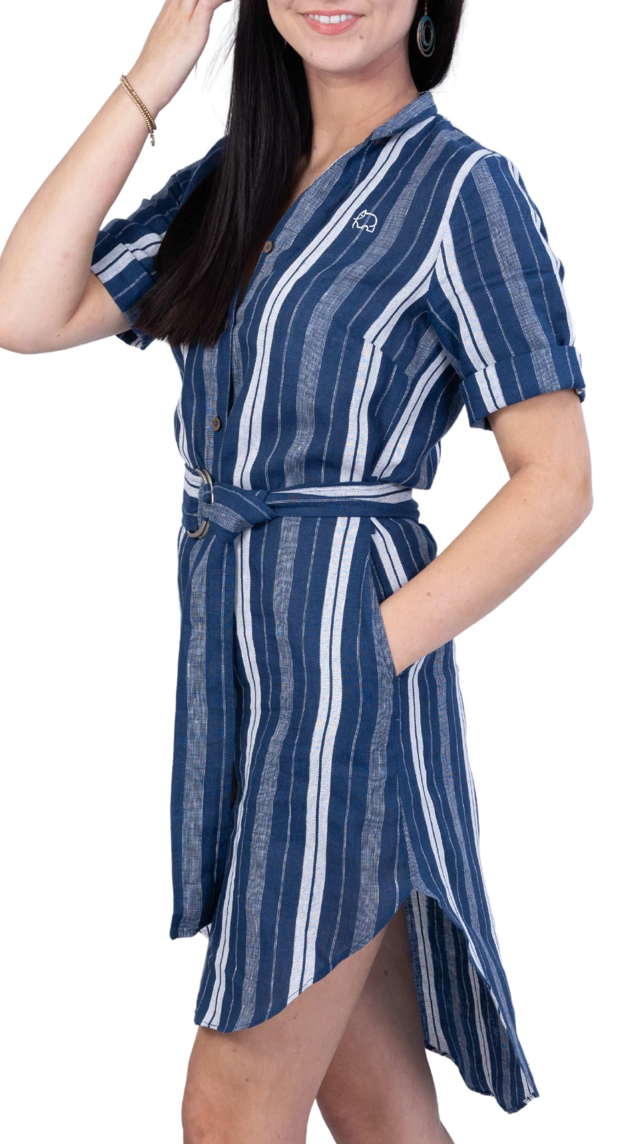 V - Neck Linen Dress with Mandarin Collar for women - DressKaree