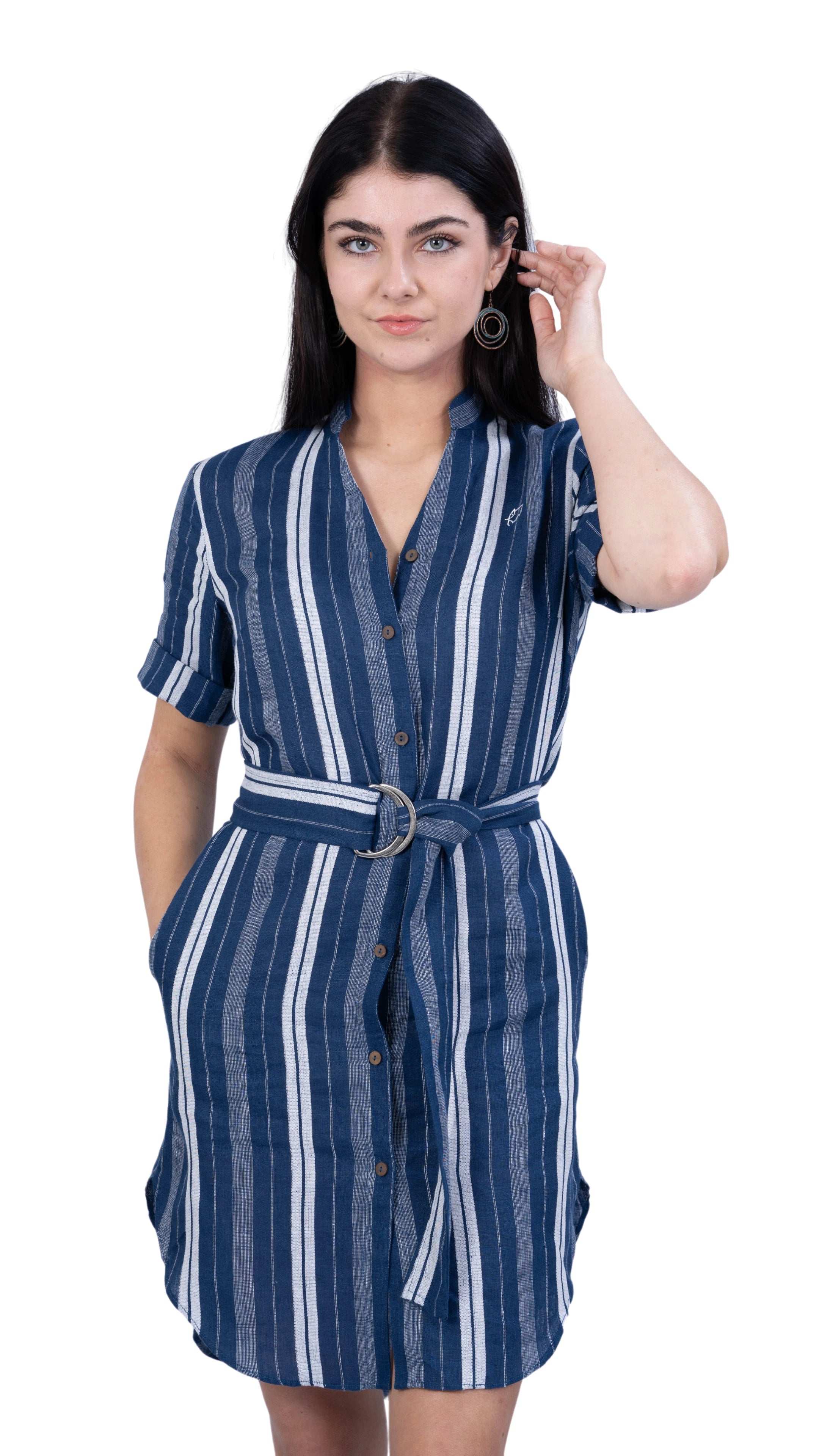 V - Neck Linen Dress with Mandarin Collar for women - DressKaree