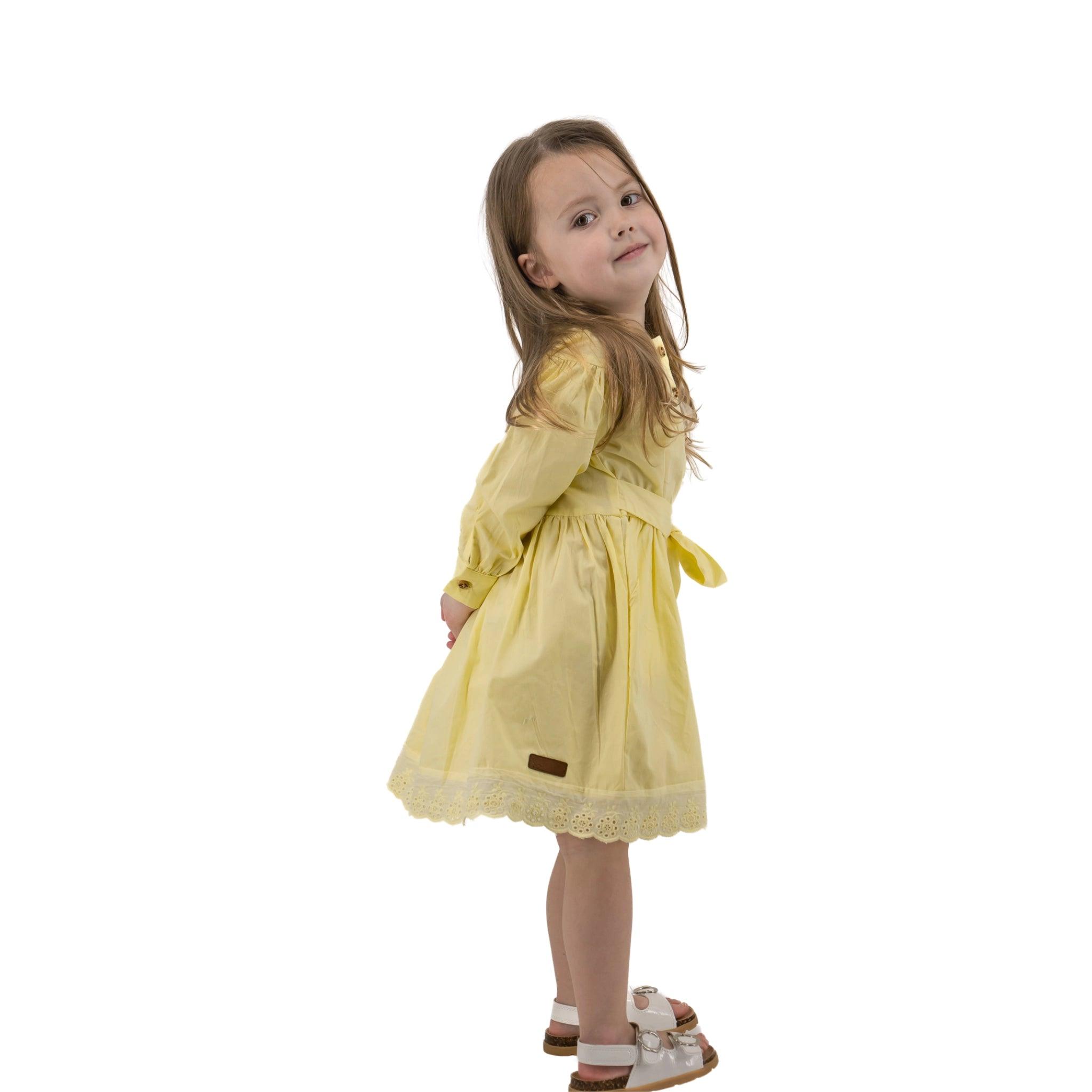 Yellow Long Puff Sleeve Cotton Dress - DressKaree