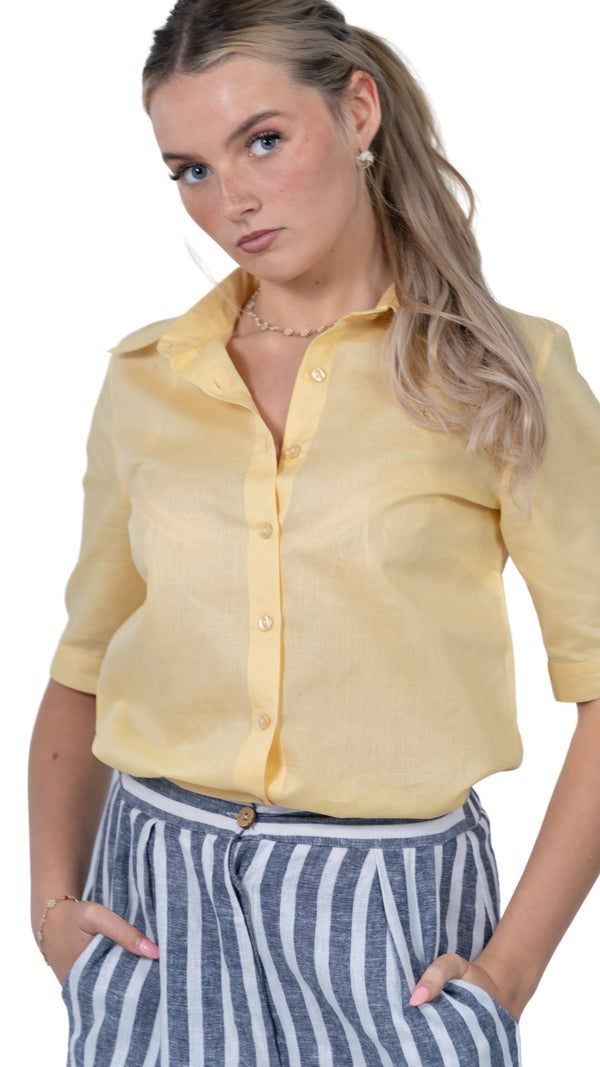 Sunlit Breeze Yellow Linen Cotton Shirt For Women