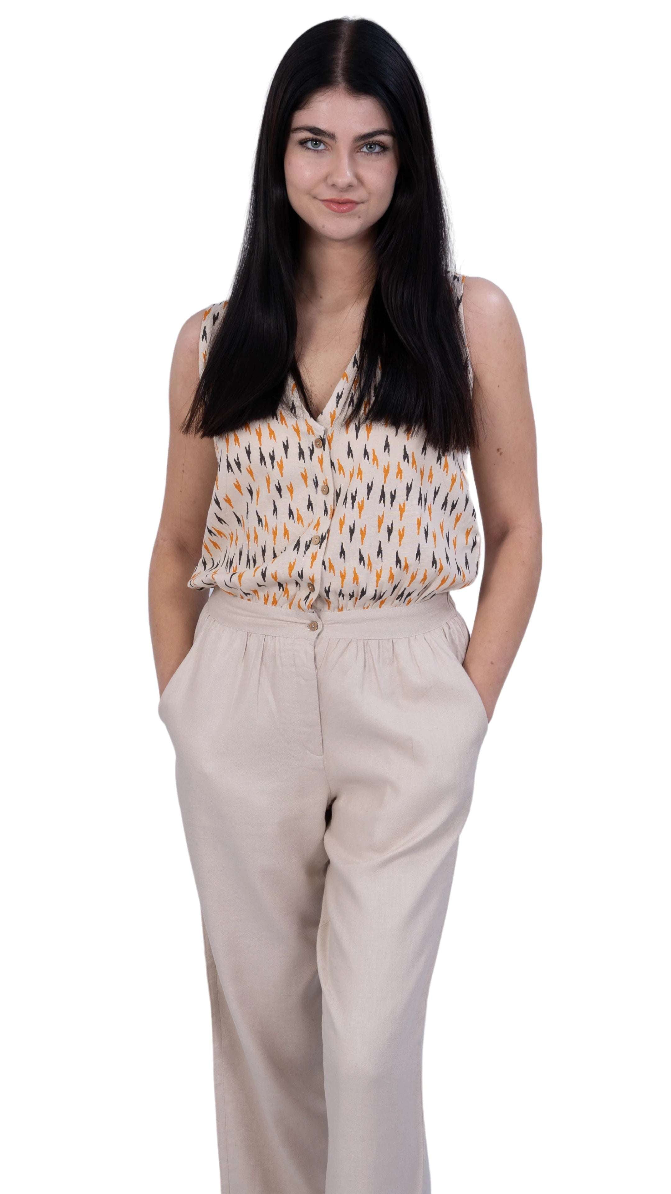 sleeveless button-down ethical jumpsuit for women