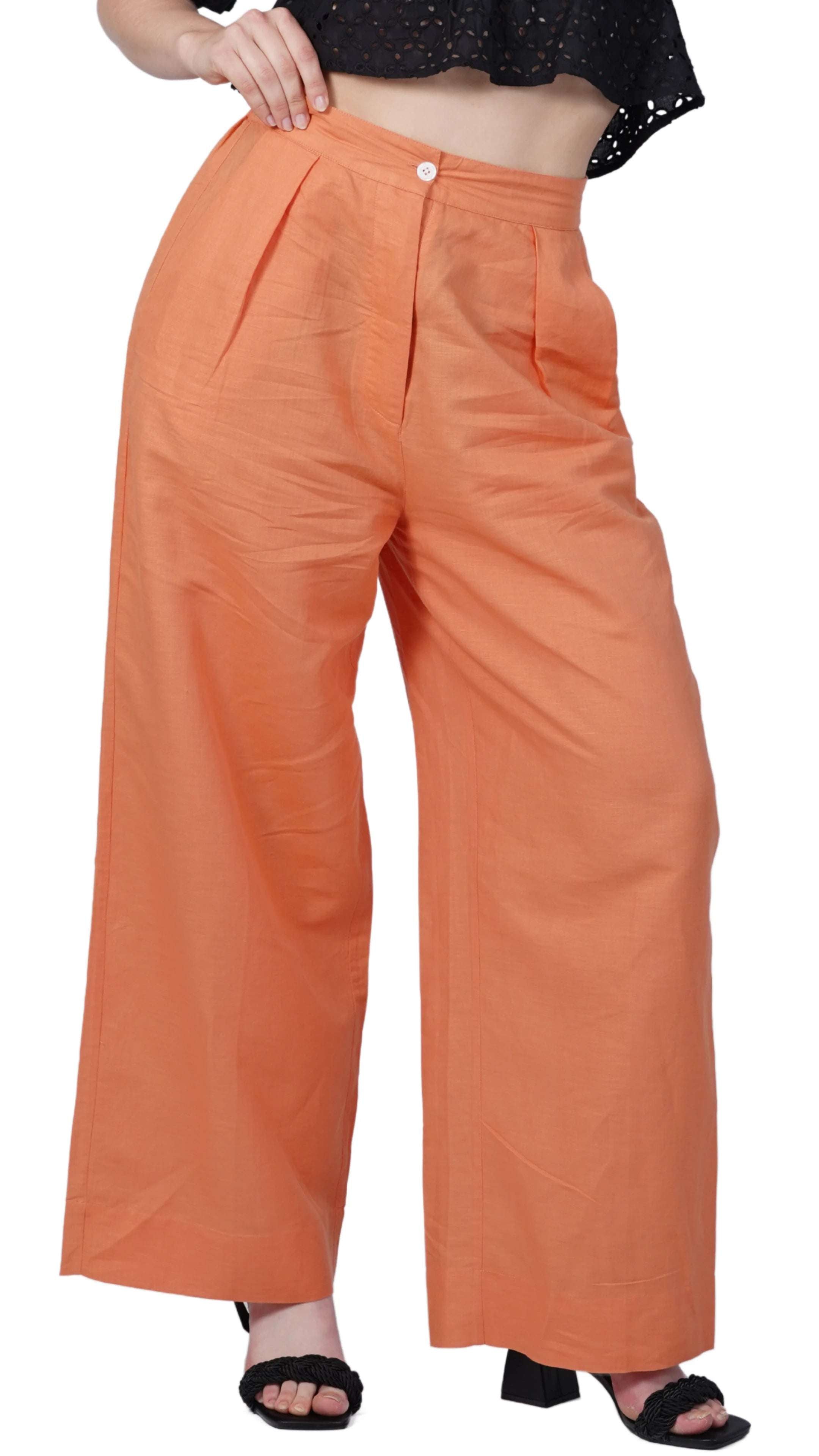 Embolden Your Look with Sustainable Luxury: Deep Saffron Wide Leg Linen Trousers - TrousersKaree