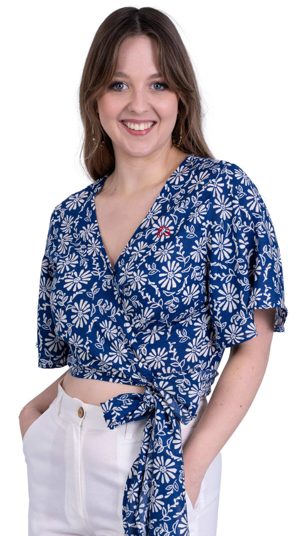 SereneBloom Women's Eco-Friendly Wrap Top - Blue Bliss