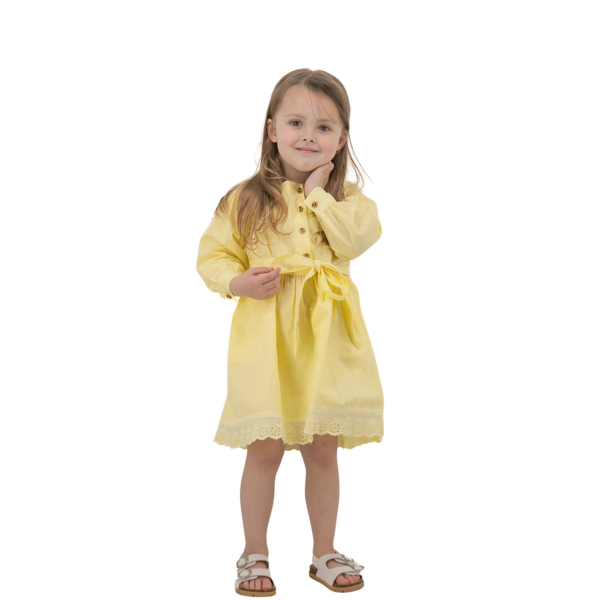 Yellow Long Puff Sleeve Cotton Dress - DressKaree